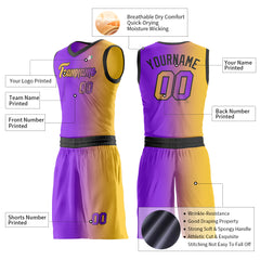 Custom Fade Purple Yellow Basketball Uniform Print Athletic V Neck Mesh Jersey