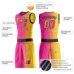 Custom Fade Pink Yellow Basketball Uniform Print Athletic V Neck Mesh Jersey