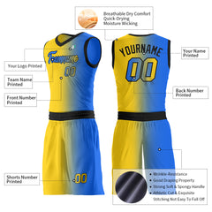 Custom Fade Yellow Blue Basketball Uniform Print Athletic V Neck Mesh Jersey