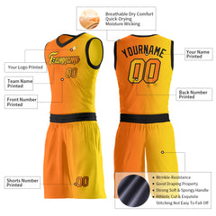 Custom Fade Orange Yellow Basketball Uniform Print Athletic V Neck Mesh Jersey